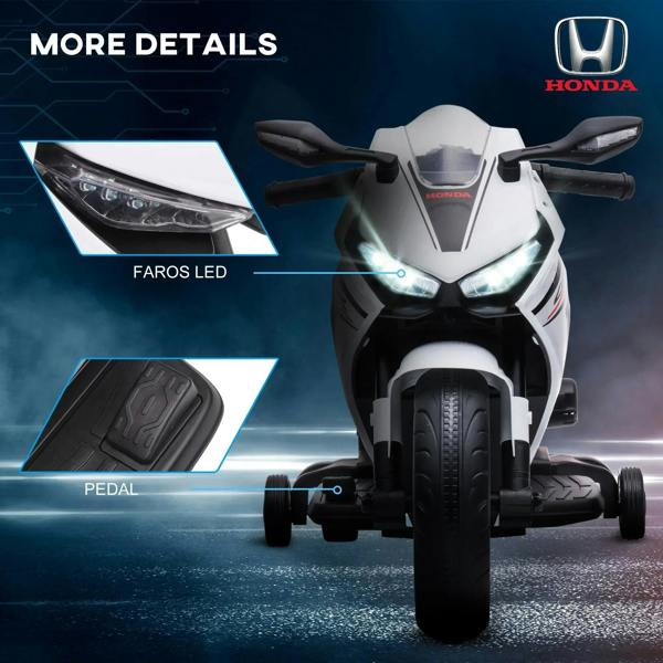 White kids ride-on motorcycle front with LED-style headlight and foot pedal detail