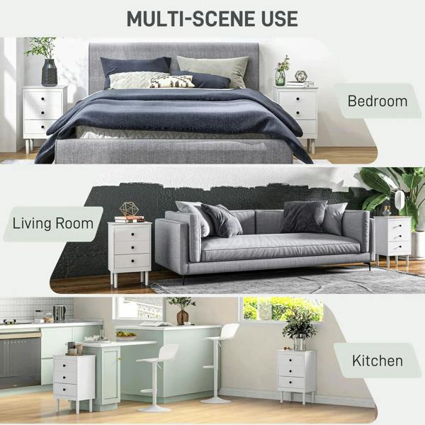 White three-drawer bedside tables in living, bedroom and kitchen styling, black knobs.
