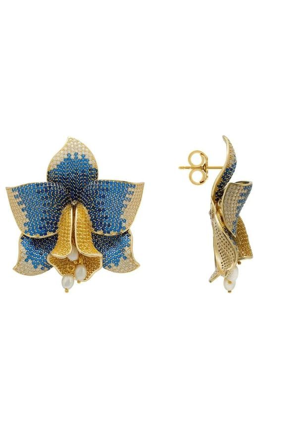 Daffodil With Pearls Earrings Gold Sapphire CZ - LATELITA Earrings