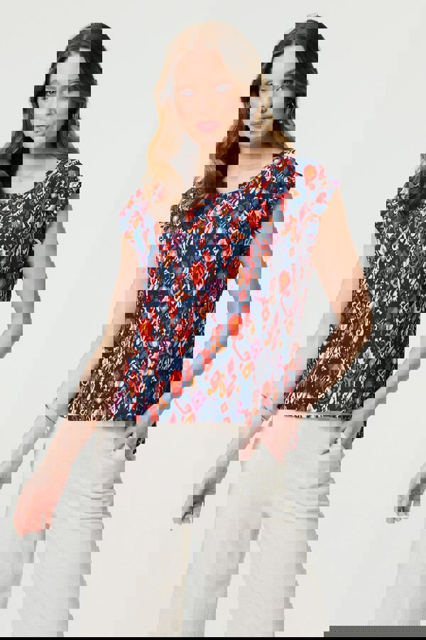 Navy | Printed Relaxed Cap Sleeve Shell Top
