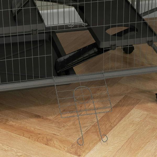 Bottom of grey wire cage with removable tray area, ramp, and wheels.