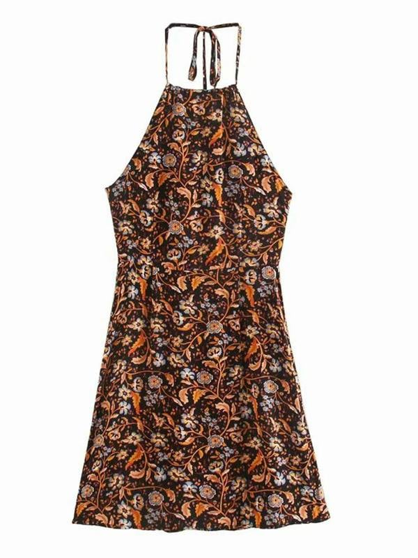 FS Collection Summer Strappy Flowy Mini Dress In Black Floral Print