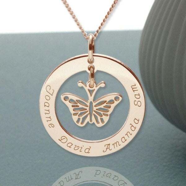 Christopher James of London 9ct Rose Gold Plated Personalised Disc With Hanging Butterfly Pendant Necklace