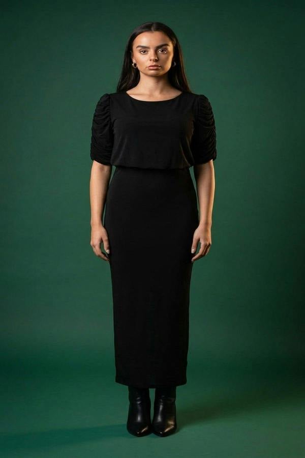 Elvira Ruched Short Sleeve Maxi Dress With Draped Bodice - Black