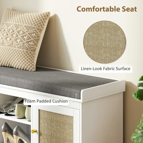 Wyld Haus Bafisa Wooden White Boho Shoe Bench With Cushioned Seat And Rattan Doors