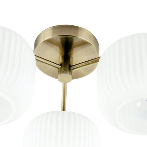 Happy Homewares Modern Antique Brass Semi Flush Ceiling Light with Ribbed Glass Shades