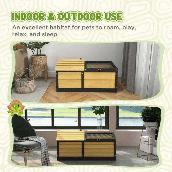 Yellow wooden small pet reptile shelter displayed indoors and outdoors, with wire-mesh top