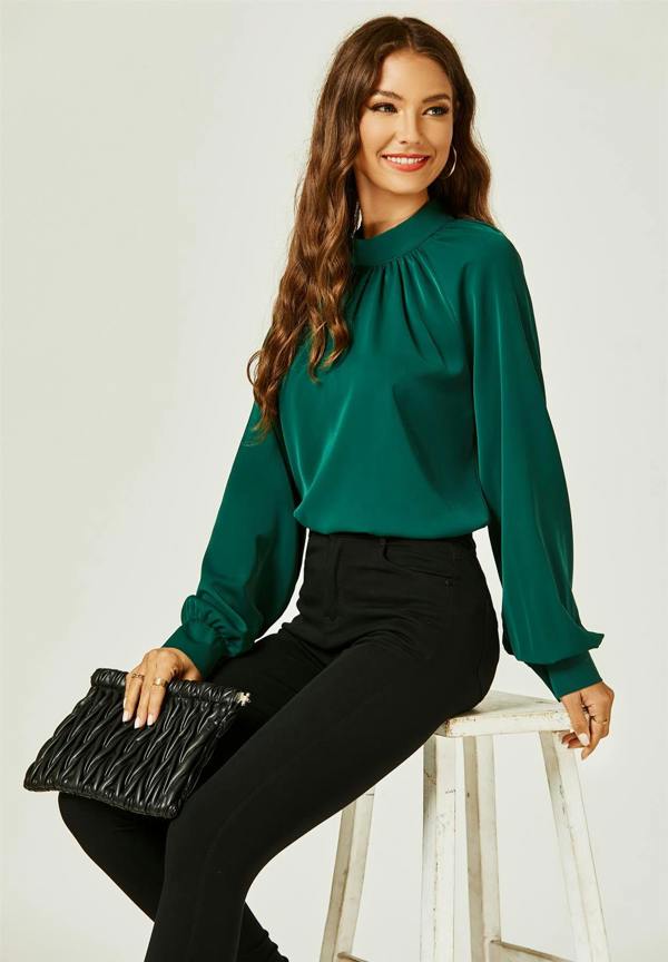 FS Collection Halter Neck Long Sleeve Blouse Top In Green