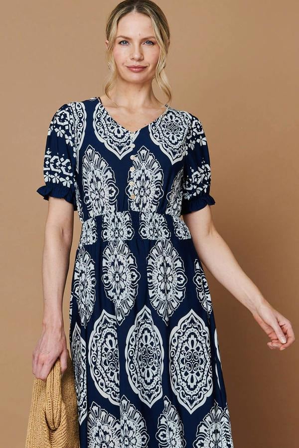 Navy | Printed Shirred Puff Sleeve Maxi Dress