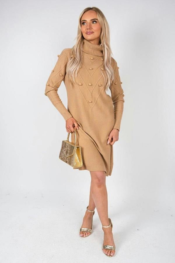 Ivanya High Neck Long Sleeve Knitted Jumper Dress With Bobble Detail - Grey