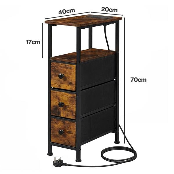 Levede Bedside Table with LED Light Charging 3 Fabric Drawers Storage Brown