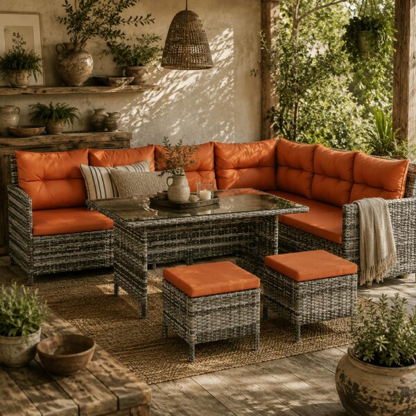 Wyld Haus Tasu Rattan Orange And Grey 7 Seater Outdoor Sofa Set With Cushions And Glass Tables