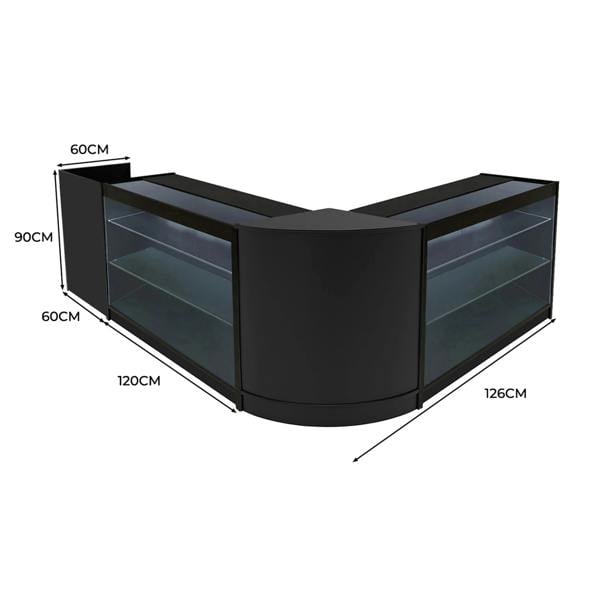 Black Aries LED Shop Counter Set featuring curved design, glass display shelves, and dimensions of 60cm height and 126cm width