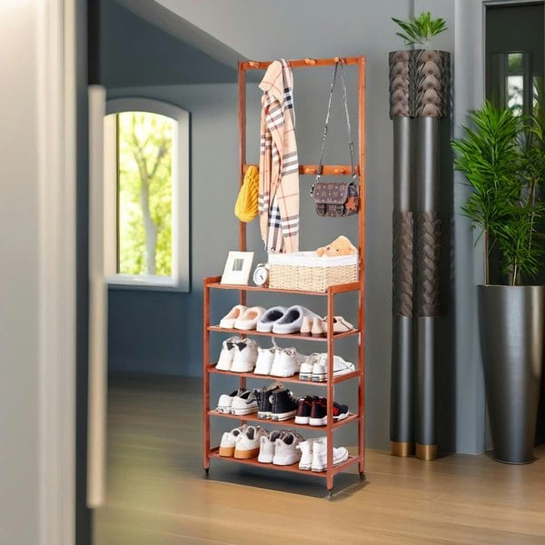 Rafaelo Mobilia Bamboo Clothes Rack With 12 Hooks & 5 Tier Shoe Storage