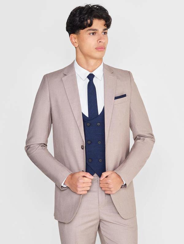 Boys neutral beige & navy check wedding suit