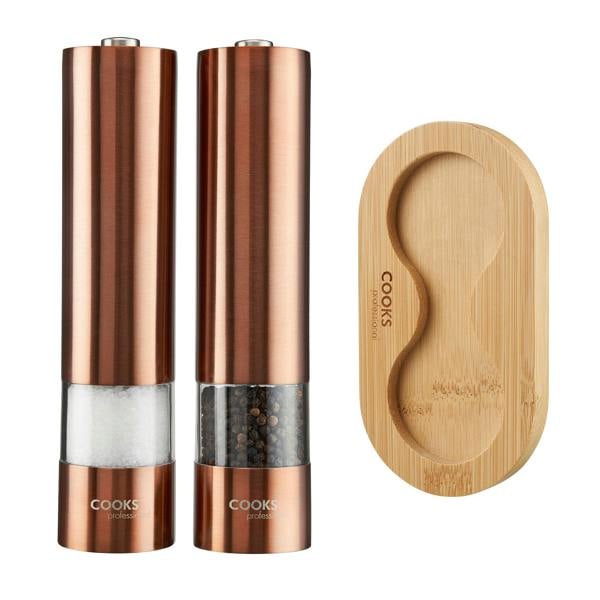 Cooks Professional Electric Salt and Pepper Mill Set with Bamboo Base | Copper