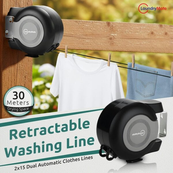Laundry Mate Retractable Washing Line with 30M Drying Space – Twin Pull-Out Clothes Line for Indoor & Outdoor Use