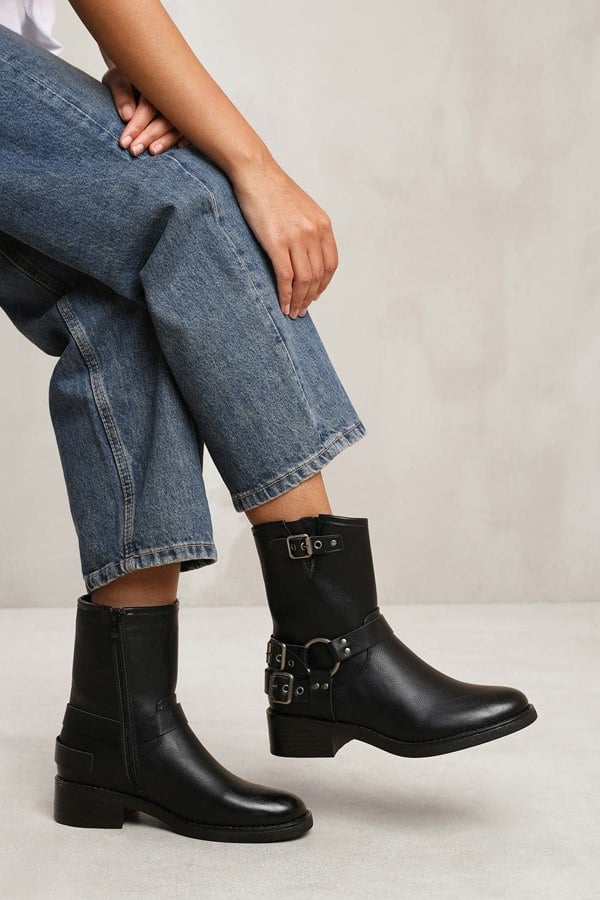 Where's That From Bode Ankle Boot With Buckle Detailing in Black Faux Leather