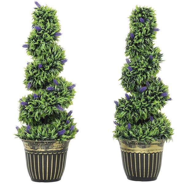 Set of two 90cm artificial lavender trees in gold-striped planters, green with purple blooms