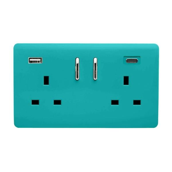 Trendi Switch 2 Gang USB 65W Type A & C USB Plug Socket in Bright Teal