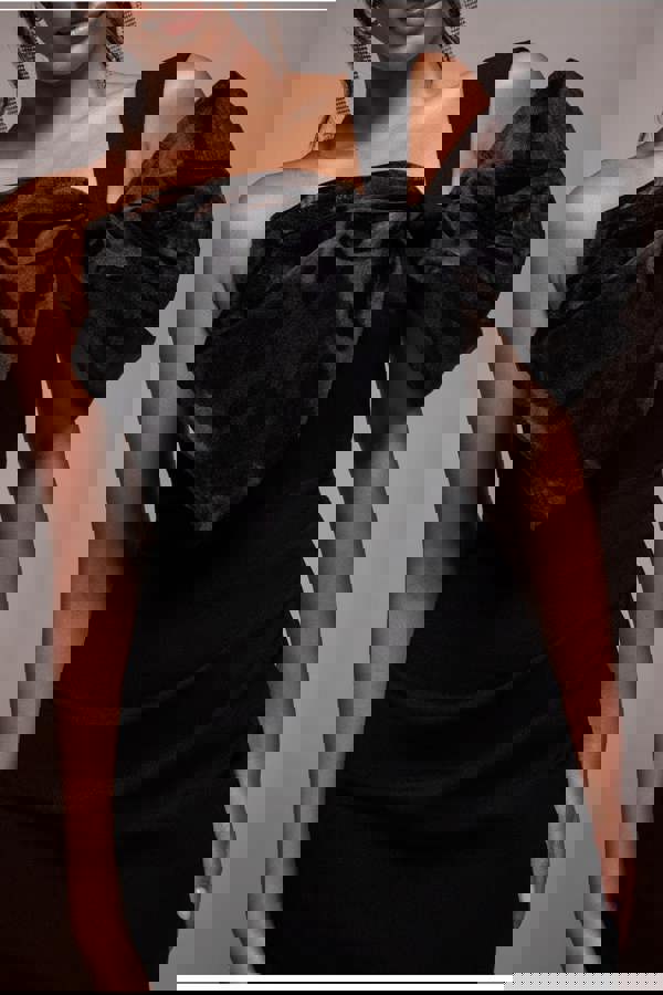 Organza Bow One Shoulder Scuba Crepe Maxi Dress - Black DR4812