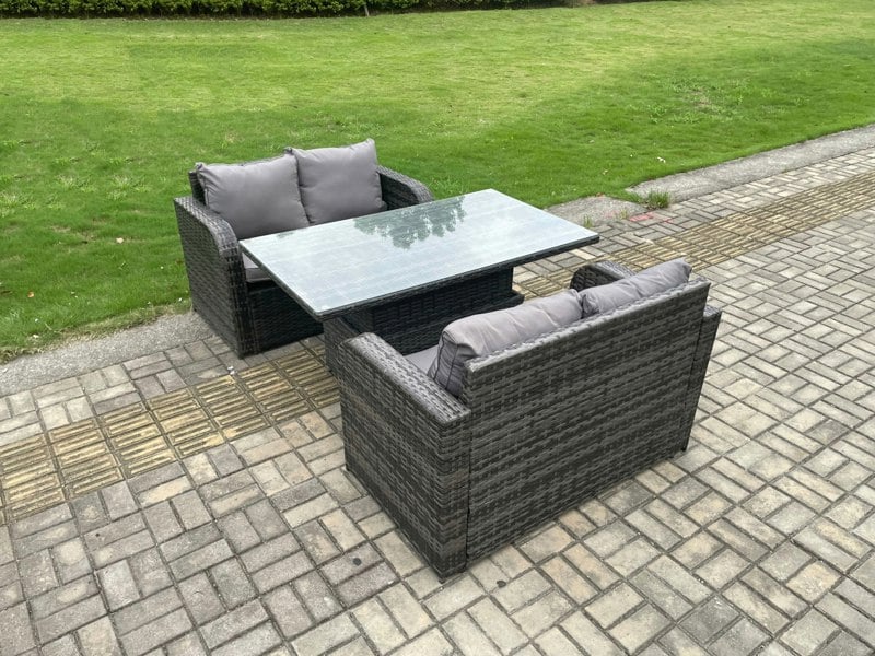 Fimous Outdoor Rattan Furniture Garden Dining Set Height Adjustable Rising lifting Table With Love Sofa Dark Grey Mixed