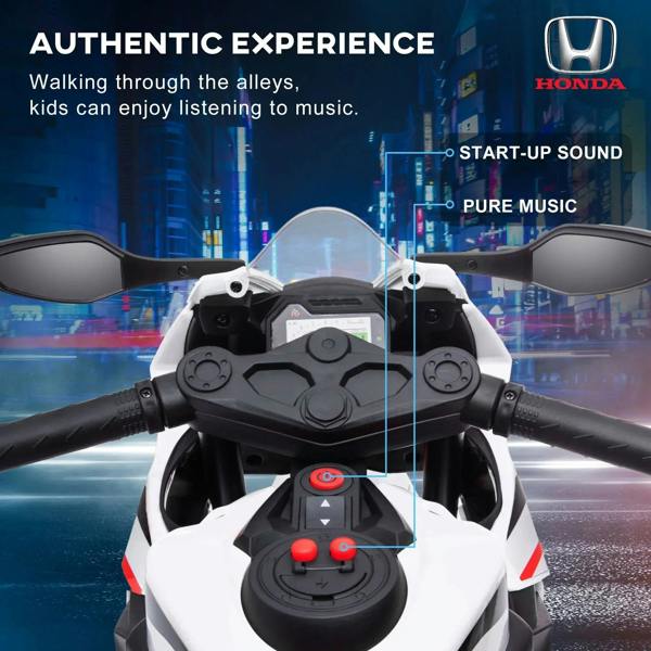 White kids ride-on motorcycle handlebar and seat console with button controls