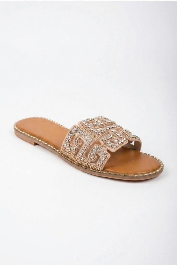 Pearl Geometric Rhinestone Embellished Sliders - Champagne