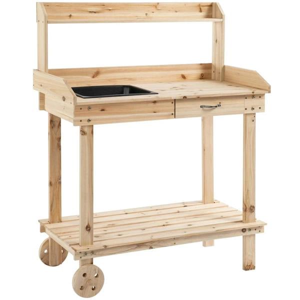 Natural wood potting bench table with open work surface, sink cutout, and lower shelf