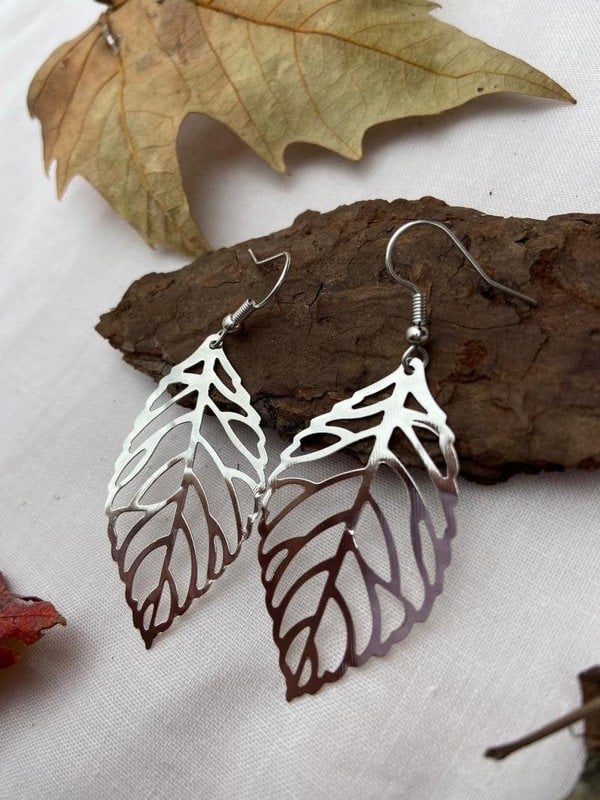 The Colourful Aura Silver Gold Large Slim Tree Nature Filigree Leaf Dangle Drop Earrings