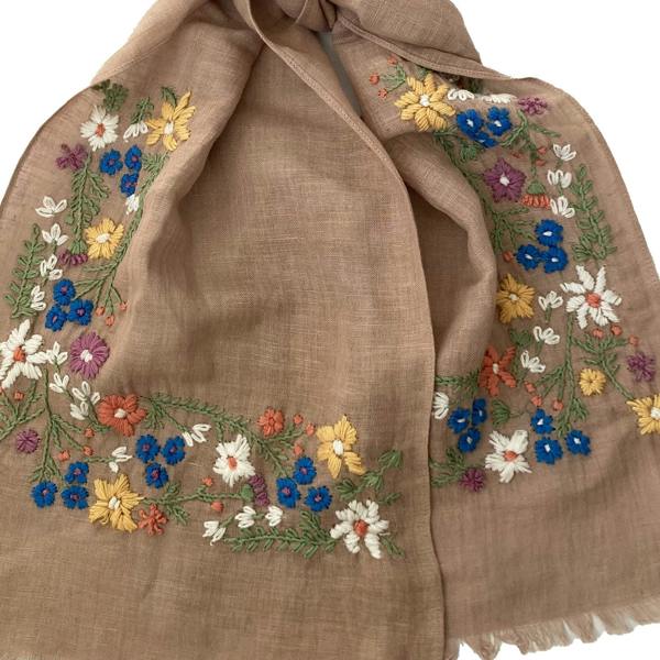 Hayley & Co Hand Embroidered 100% Linen Scarf in Soft Brown Floral
