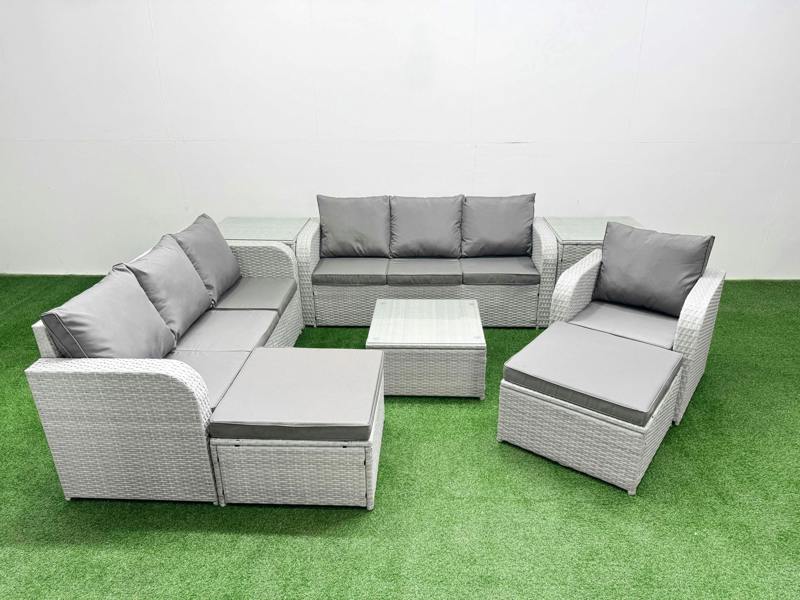 Fimous 9 Seater Outdoor Rattan Set, Poly Rattan, Square Coffee Table, 2x 3 Seater Sofas, Reclining Chair, 2 Big Footstools & 2 Side Tables