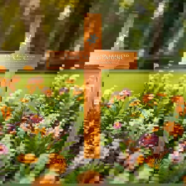 Memorials Direct Personalised Mahogany Memorial Cross, Lily – Durable Wooden Grave Marker for Outdoor Use