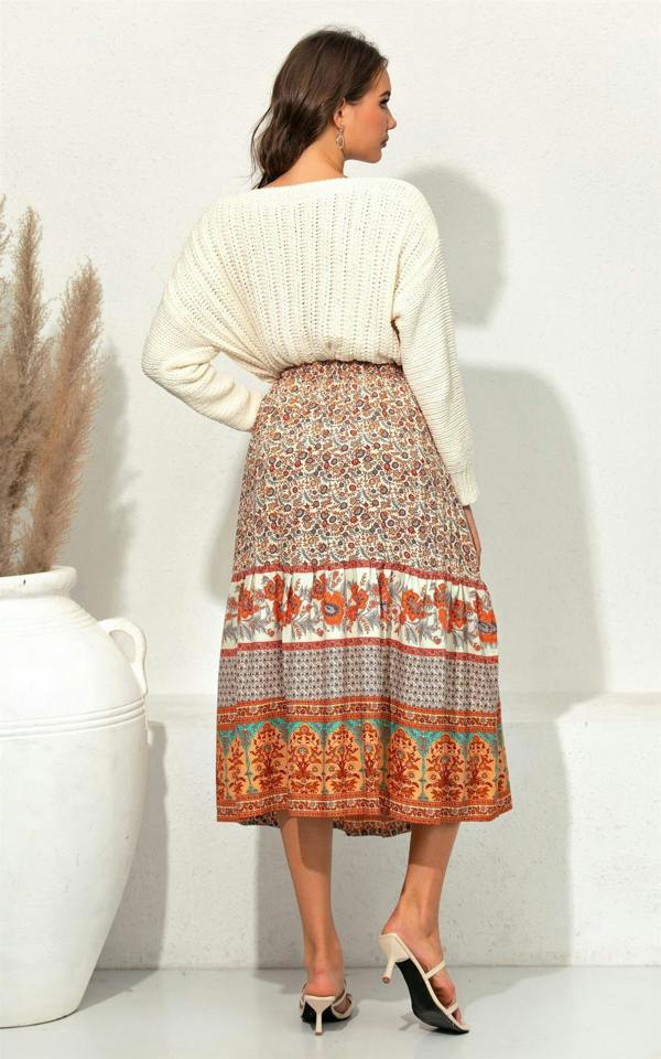 FS Collection Orange Paisley Print Smocked Tiered Midi Skirt