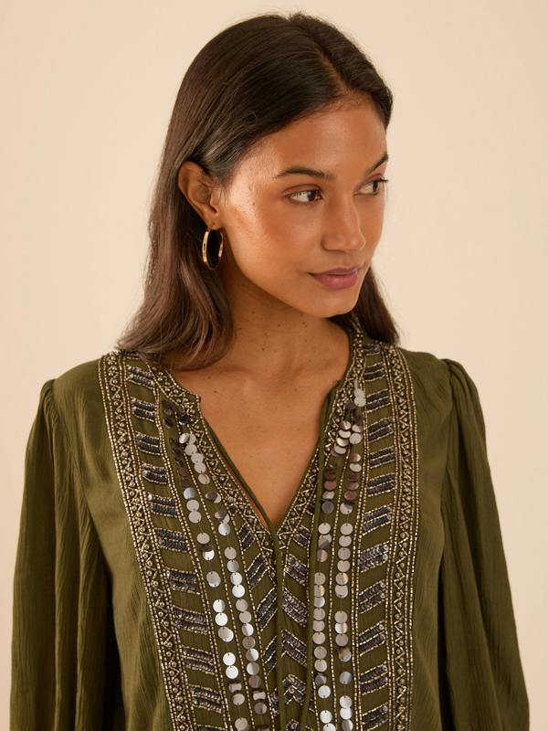 Rose & Nancy Hailey Khaki Frill Mirror Embellished Blouse