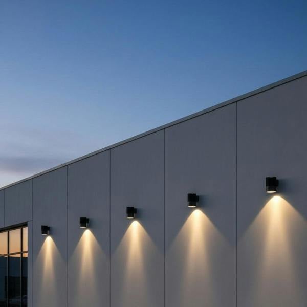 black large outdoor wall downlight mounted in a row along the wall of a large building