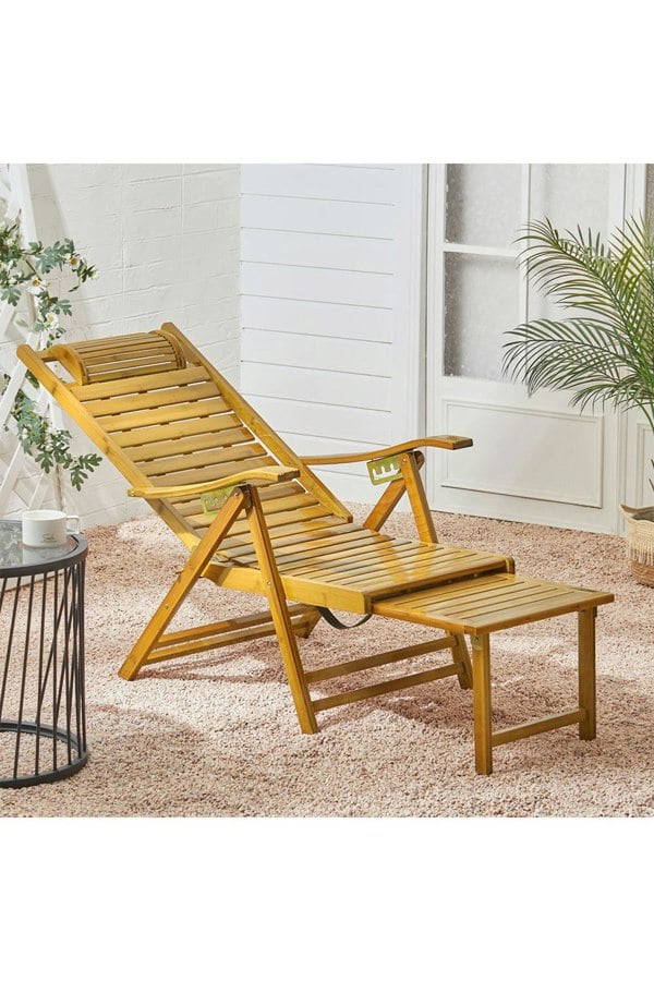 Living and Home Bamboo Foldable Recliner Lounge Chair with Retractable Footrest