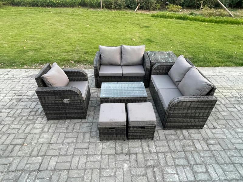 Fimous High Back Patio Set, Loveseat Sofa, Coffee Table, Side Table and 2 Small Footstools, Indoor Outdoor Lounge, Dark Grey Mixed