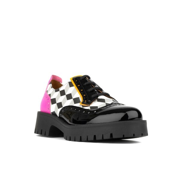 Embassy London Artisan - Black & White Cubics - Women's chunky sole leather derby shoe with brogue details