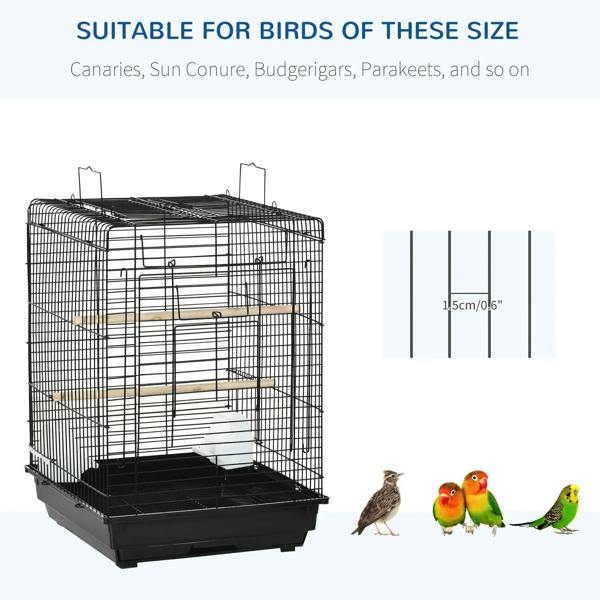 Black wire birdcage with openable top and front door, shown with size scale