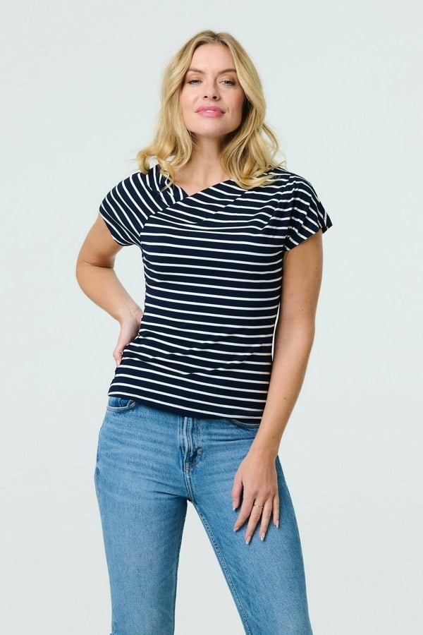 Navy | Striped Asymmetric Short Sleeve Top
