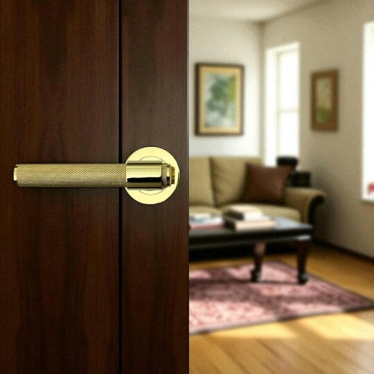EDH Door Hardware Knurled Door Handles Brass Polished Loop & Neck Lever on Round Rose Latch Handle