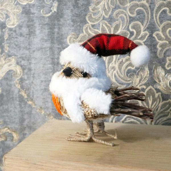 13cm Robin Christmas Tabletop Decoration with Furry Hat and Scarf, Rustic Straw and Jute Finish image 6