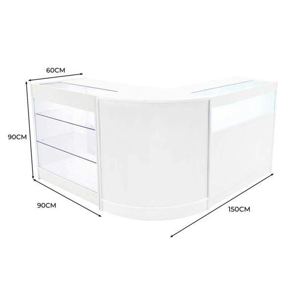 Curved white LED shop counter set featuring glass shelves, sleek design, and dimensions of 150cm x 90cm x 60cm for retail displays