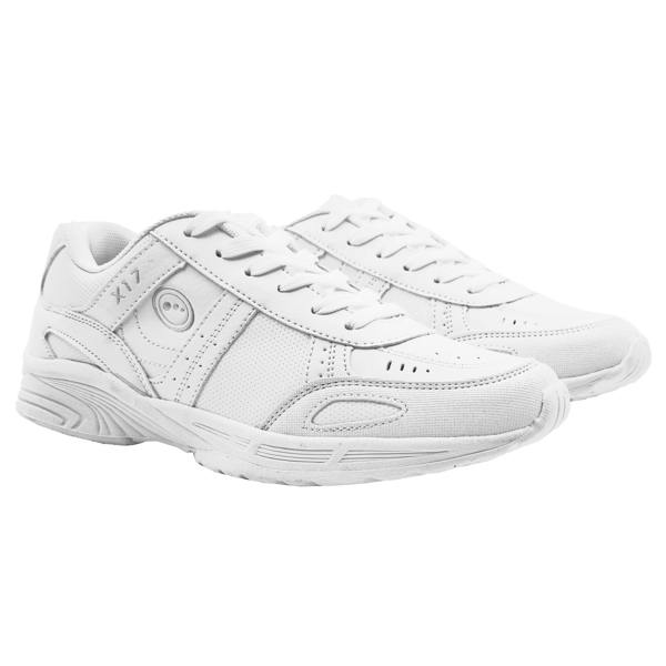 Pair of white Optimum X17 lace-up school trainers, angled view on white - Optimum