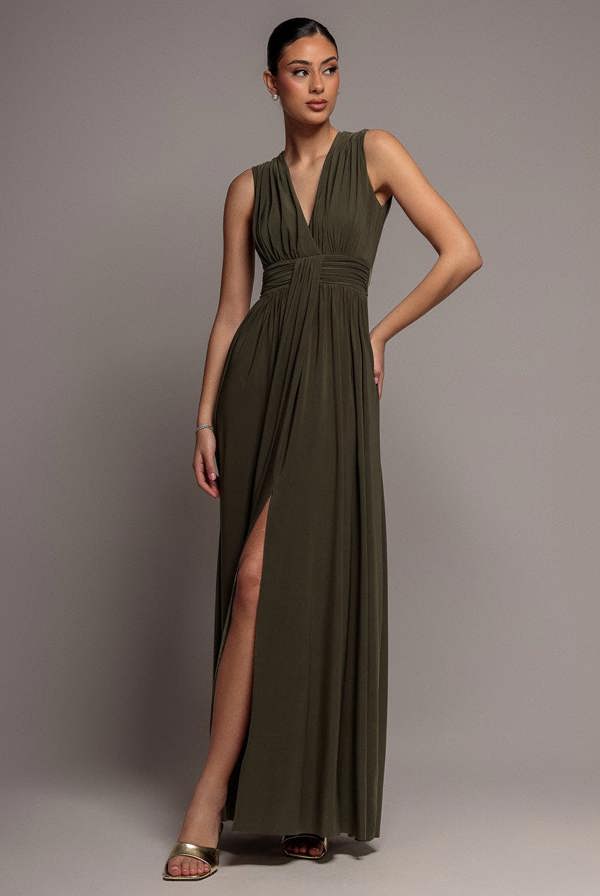 Gathered Shoulder Wrap Neck Draped Waist Maxi Dress - Khaki DR5005