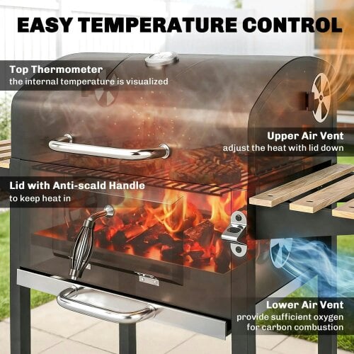 Bobobiy Charcoal BBQ Grill with Height Adjustable Charcoal Pan, Barbecue Smoker with Warming Rack, 3 Shelves, Bottle Opener Cooking Garden Party