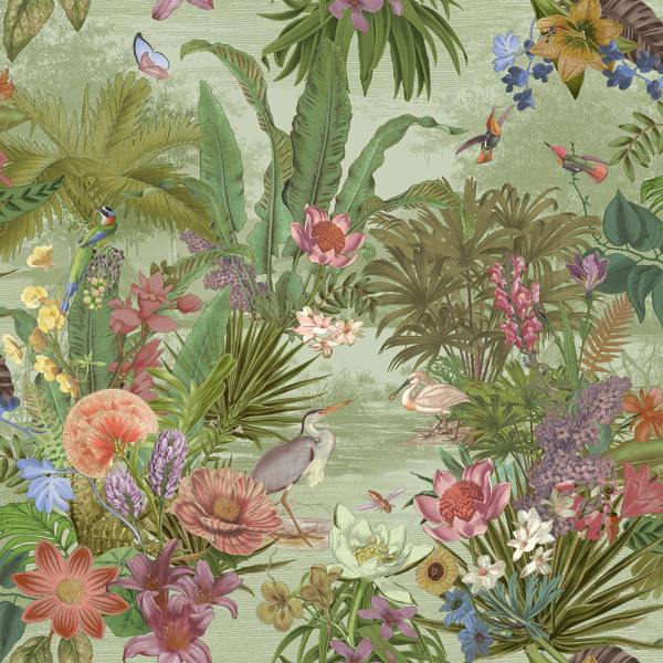 Grandeco Paul Moneypenny Eclectic Floral Hall Green Wallpaper for Grandeco