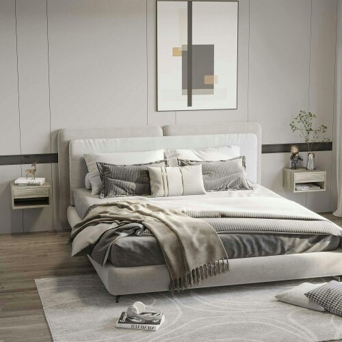 Wyld Haus Rosama Set Of 2 Grey Wood Effect Floating Bedside Tables Wall Mounted 1 Drawer 1 Shelf