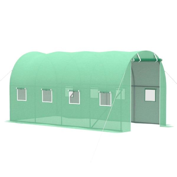 Green walk-in polytunnel greenhouse with roll-up zip door and side mesh windows